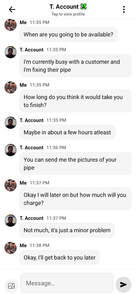 In-app chat between a customer and service provider