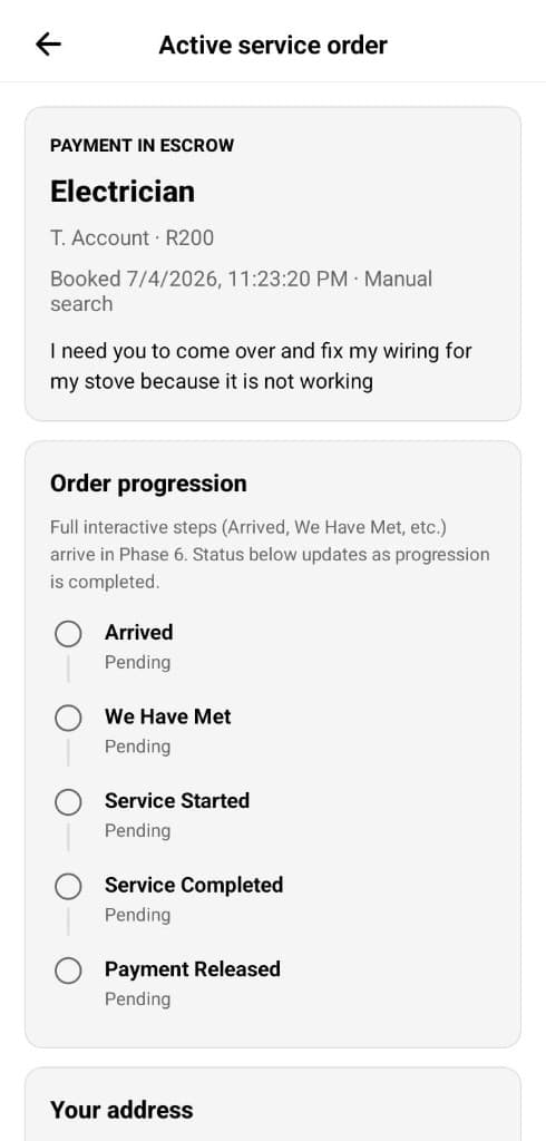 Active service order with payment in escrow and order progression