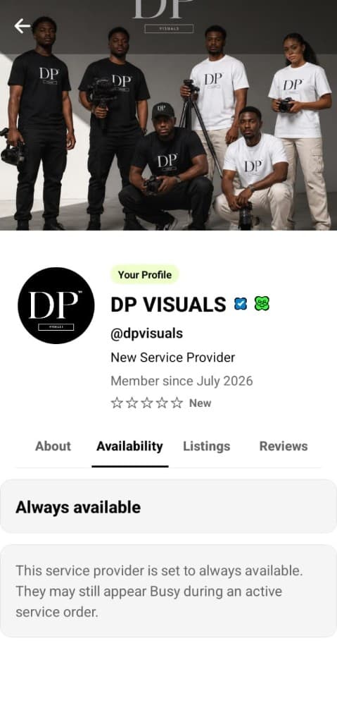 Service provider profile with availability and verified badges